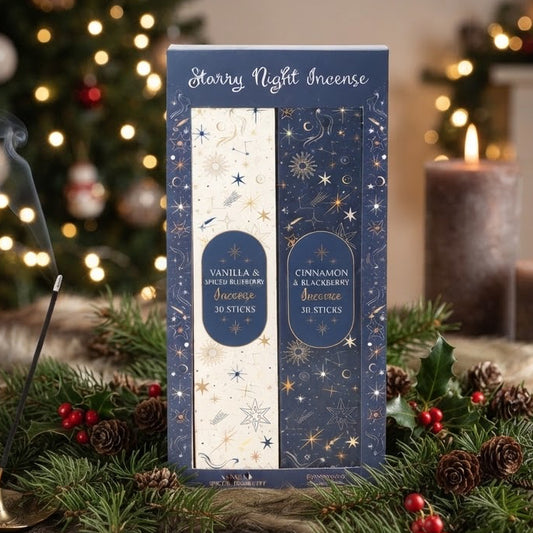 Starry Night kerstwierookset met twee kerstgeuren, Vanilla & Spiced Blueberry en Cinnamon & Blackberry, voor een sfeervolle geur in huis