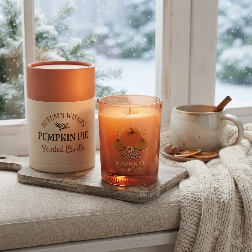 Een knusse herfstscène met een brandende "Pumpkin Pie Scented Candle" in een amberkleurig glas met pompoenprint en de bijbehorende kartonnen koker ("Autumn Wishes"), omringd door esdoornbladeren, hazelnoten, een gedroogd sinaasappelschijfje en oude boeken.