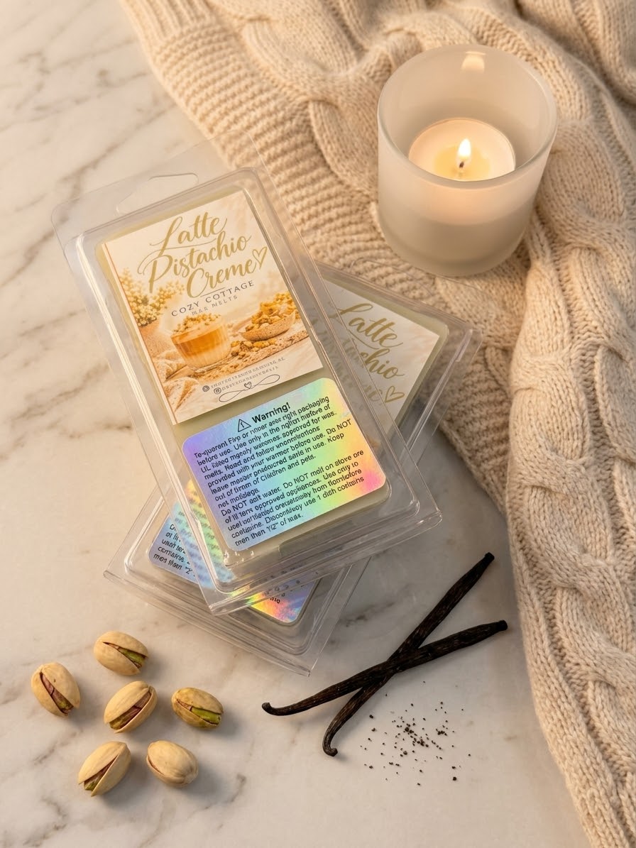 ⁠Latte Pistachio Creme wax melts van Cozy Cottage in transparante clamshell verpakking op marmeren ondergrond met warme deken, pistachenoten en vanillestokjes.⁠