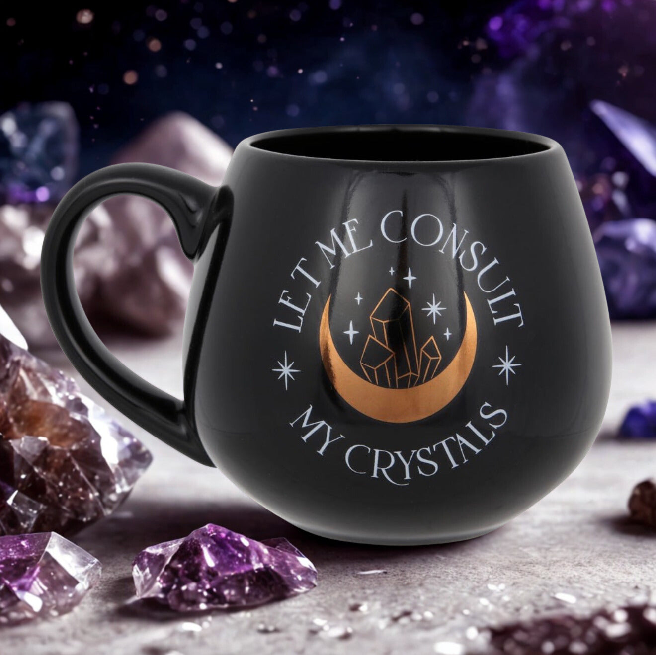 Let me consult my crystals mok zwart met goudfolie maan en kristal design