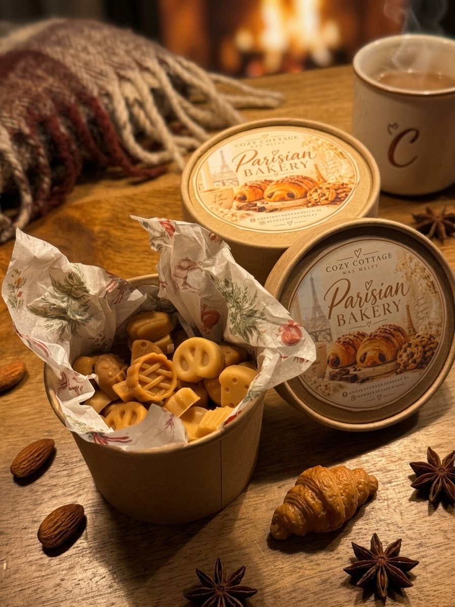 ⁠Parisian Bakery wax melts doosje met gebakjes geurtabletten op een houten tafel bij een warme open haard met koffie en croissant⁠