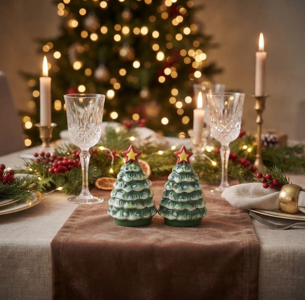 Peper en zoutstel voor Kerst met twee decoratieve kerstboompjes, een feestelijke toevoeging aan de kersttafel en kerstdecoratie