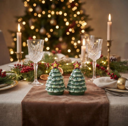 Peper en zoutstel voor Kerst met twee decoratieve kerstboompjes, een feestelijke toevoeging aan de kersttafel en kerstdecoratie