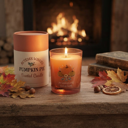 Close-up van een aangestoken Pumpkin Pie geurkaars in een amberkleurig glas met pompoenopdruk, met daarnaast de bijbehorende geschenkverpakking, op een houten ondergrond met herfstbladeren en hazelnoten.
