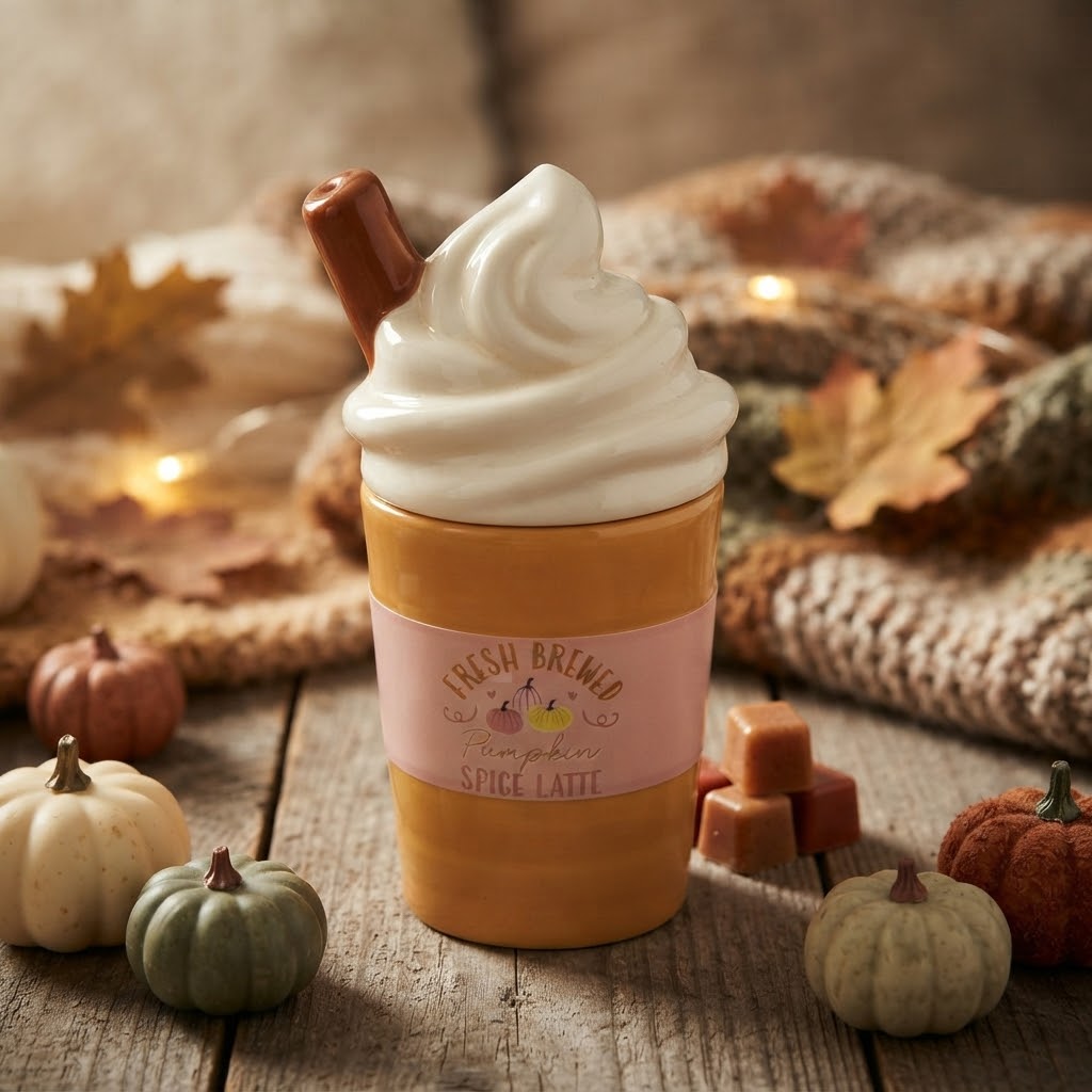 Herfst wax melt brander set in de vorm van een koffiebeker met gesmolten was en pompoen-decors op een rustieke houten tafel.