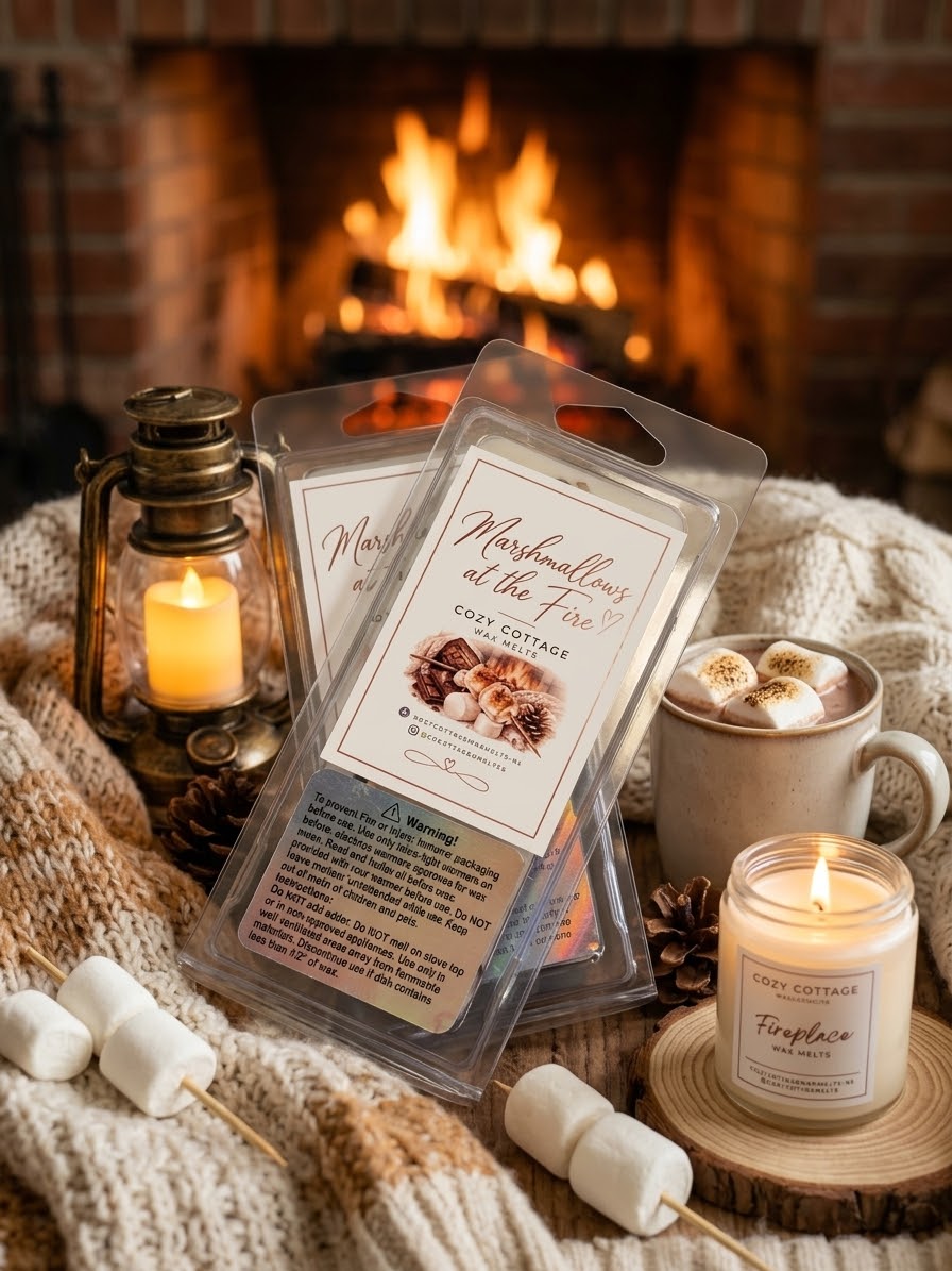 Close-up van de etiketten van 'Cozy Cottage Wax Melts: Marshmallows at the Fire' in een sfeervolle kerstomgeving met lichtjes, kaneel en dennentakken.⁠