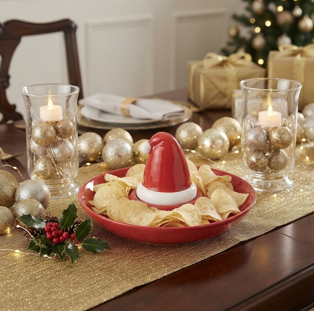 Feestelijke rode kerstserveerschaal met kerstmuts voor chips, dips en snacks tijdens de kerstborrel