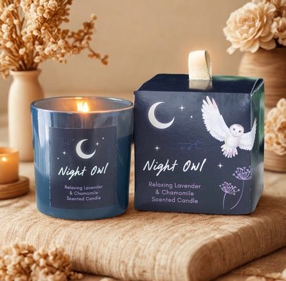 Night Owl geurkaars met lavendel en kamille in glazen houder met gouden deksel