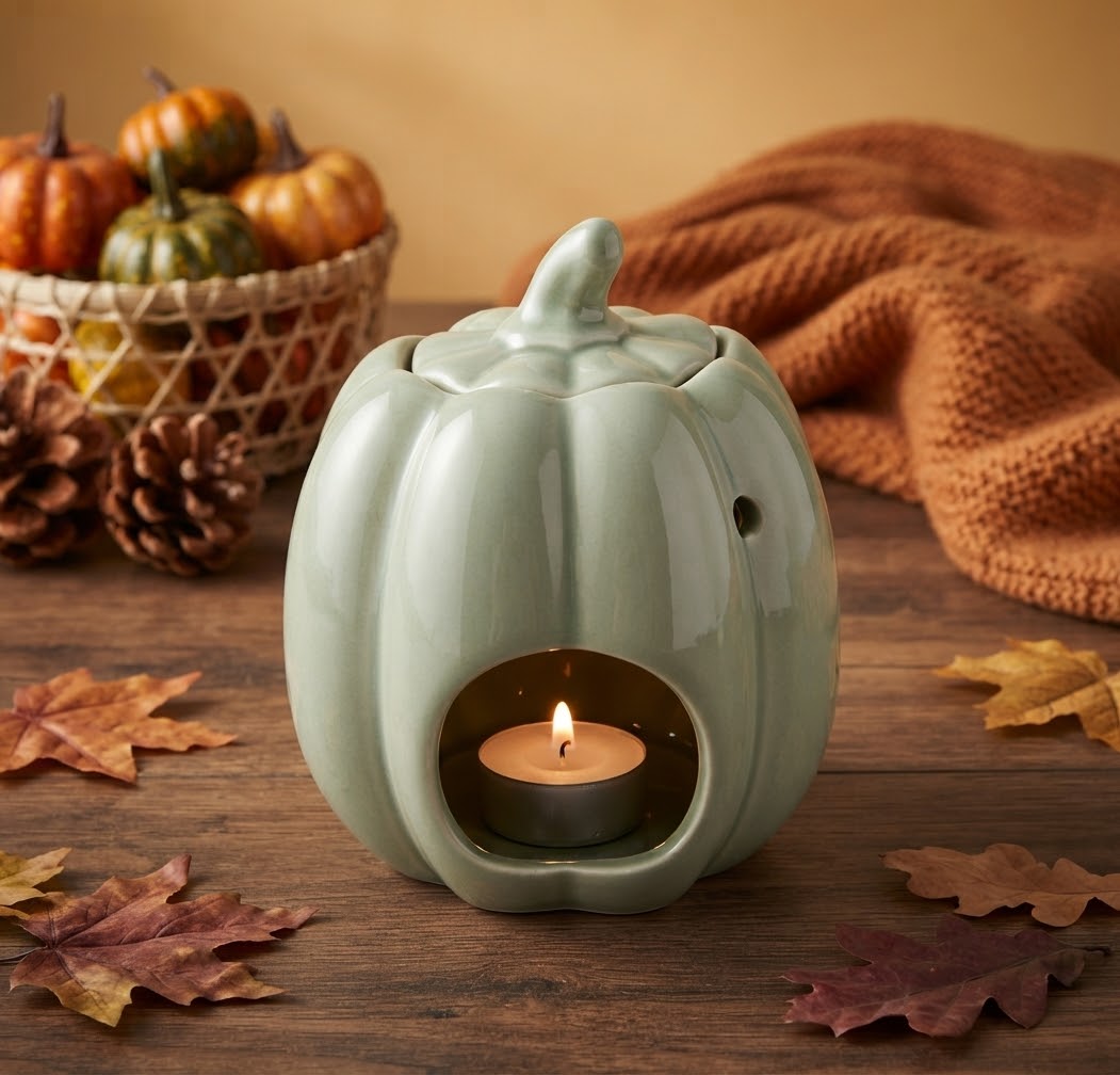 Saliegroene keramische pompoen waxmeltbrander met brandend waxinelichtje en los deksel. Gedecoreerd met herfstbladeren en bessen op een houten achtergrond.