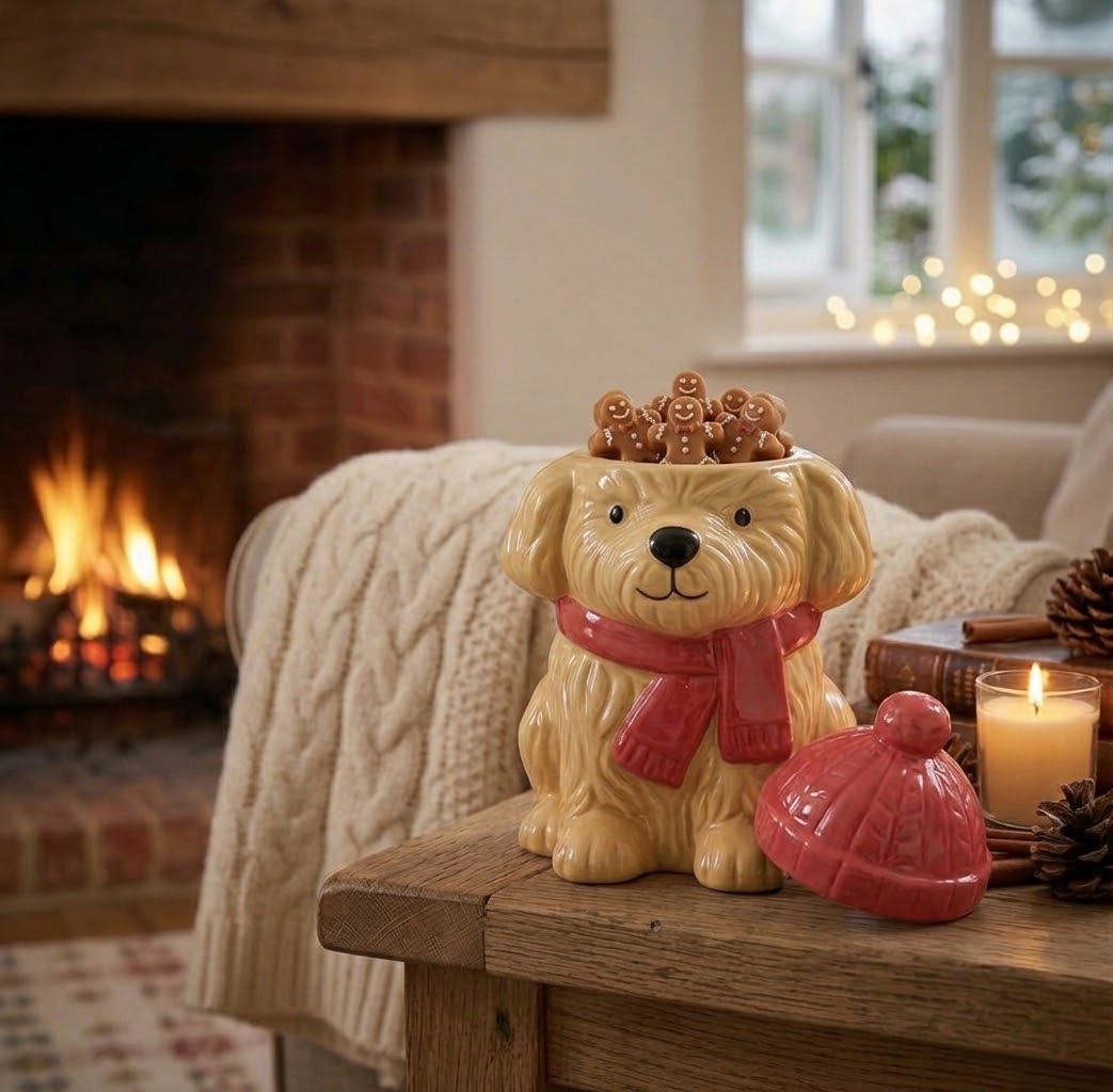 Sfeervolle honden waxbrander van keramiek van een puppy met winterse accessoires zoals een rode muts en sjaaltje.