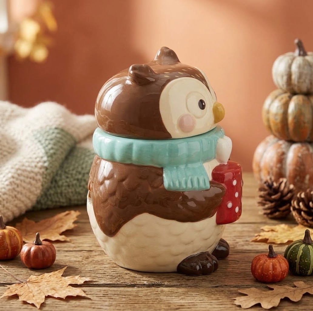 Sfeervolle uil waxbrander van keramiek met winterse details en een mok chocolademelk voor gezellige herfstavonden.