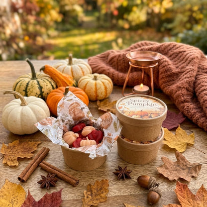 Sfeervolle productfoto van twee kartonnen potjes met Spicey Pumpkin waxmelts, geopend met rode en oranje pompoenvormpjes en herfstdecoratie.