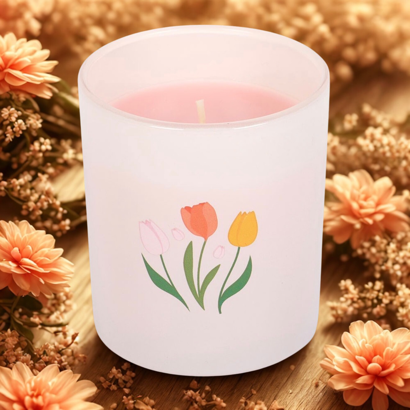 Een sfeervolle, brandende geurkaars met tulpenillustraties, geplaatst in een zachte voorjaarssetting met oranje bloemen op de achtergrond voor een knusse uitstraling.