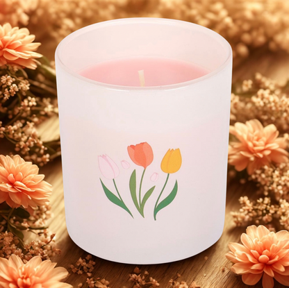 Een sfeervolle, brandende geurkaars met tulpenillustraties, geplaatst in een zachte voorjaarssetting met oranje bloemen op de achtergrond voor een knusse uitstraling.