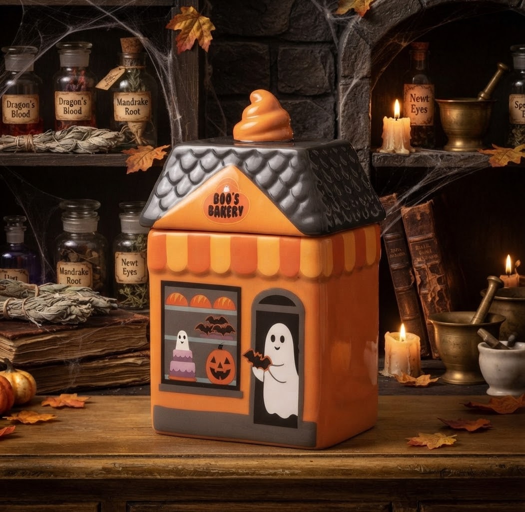 Gedetailleerde keramische waxbrander als Halloween bakkershuisje vanuit een schuine hoek gefotografeerd tegen een achtergrond van heksenpotjes, kaarsen en herfstbladeren.