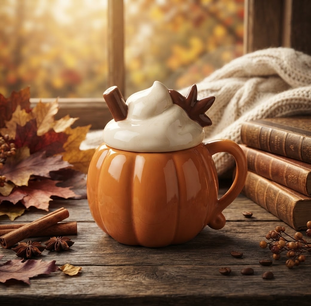 Gedetailleerde productopname van een pompoenvormige waxmeltsbrander in herfstthema. De brander is gemaakt van keramiek in warme herfsttinten, heeft een roomwit deksel met slagroom- en kruidendetails, en verspreidt sfeervol kaarslicht via uitgesneden sterren