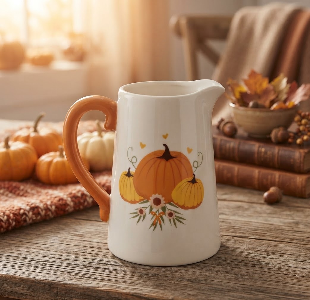 Een crèmekleurige keramische kruik met een oranje handvat en een pompoen- en bloemendecor, centraal op een rustieke houten tafel. Omringd door kleine pompoenen, eikels en herfstbladeren tegen een wazige achtergrond van een herfstbos bij zonsondergang.