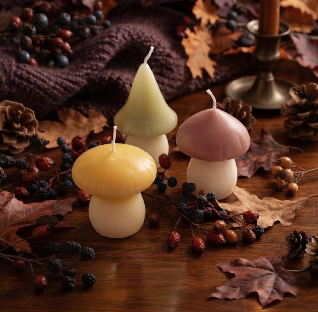 Drie kleurrijke paddenstoelenkaarsen speels opgesteld op een houten tafel, gedecoreerd met herfstbladeren, dennenappels en wilde bessen in een gezellige herfstsfeer.
