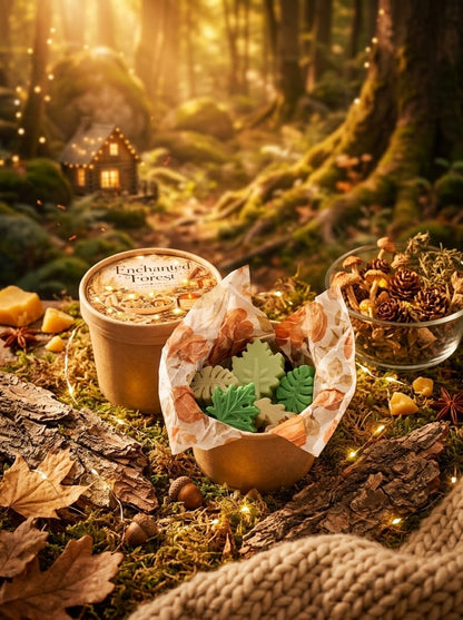 Luxe waxmelts in een betoverend bosgroen thema, gedecoreerd met subtiele groene blaadjes voor een natuurlijke uitstraling en een diepe bosgeur.