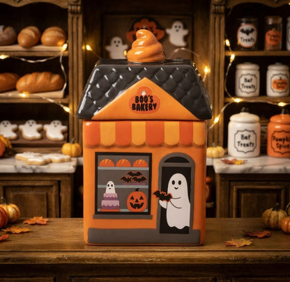 Keramische waxmelts brander in de vorm van een spookachtige Halloween bakkerij 'Boo's Bakery' met een pompoen en spookje, geplaatst op een herfstachtige houten tafel met pompoenen.