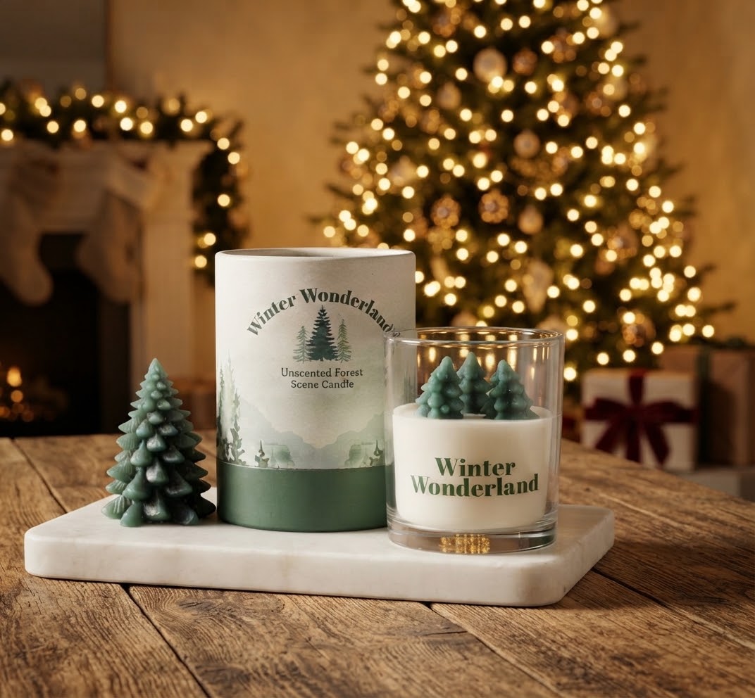 Een sfeervolle productfoto van een "Winter Wonderland" geurkaars in een glazen pot met kaarsjes in de vorm van kerstbomen, samen met de bijbehorende cilindrische verpakking op een marmeren plateau, met op de achtergrond een feestelijk verlichte kerstboom en warme kerstsfeer.