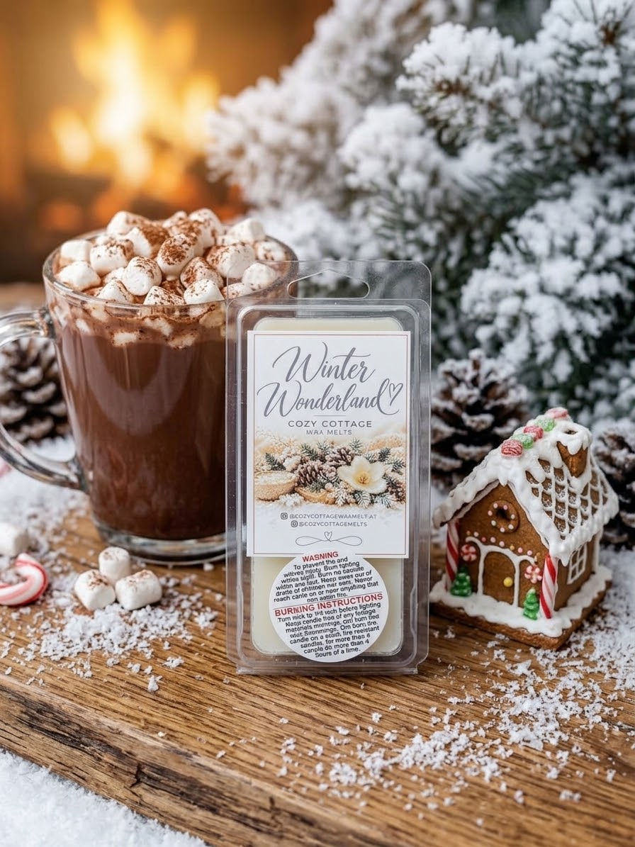 ⁠Luxe geurtablet wax melt Winter Wonderland naast een warme kop chocolademelk en peperkoekhuisje⁠