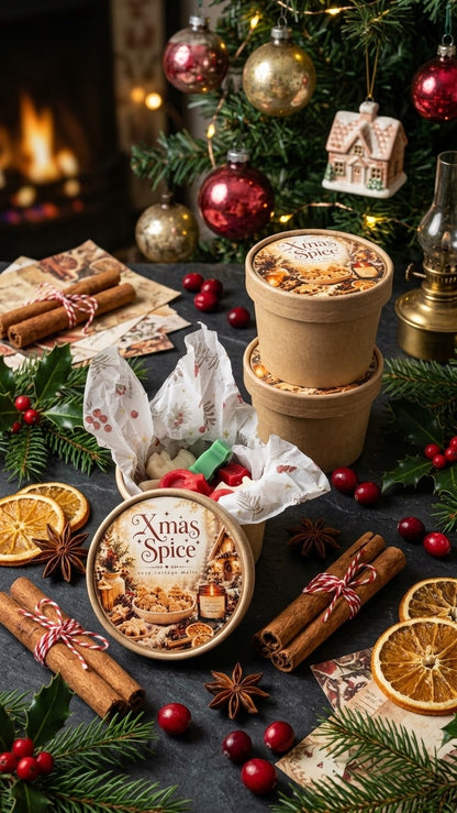  Xmas Spice kerst waxmelts met kaneel, kruidnagel en nootmuskaat, afgerond met vanille, warme amber en zachte houttonen voor een sfeervolle wintergeur