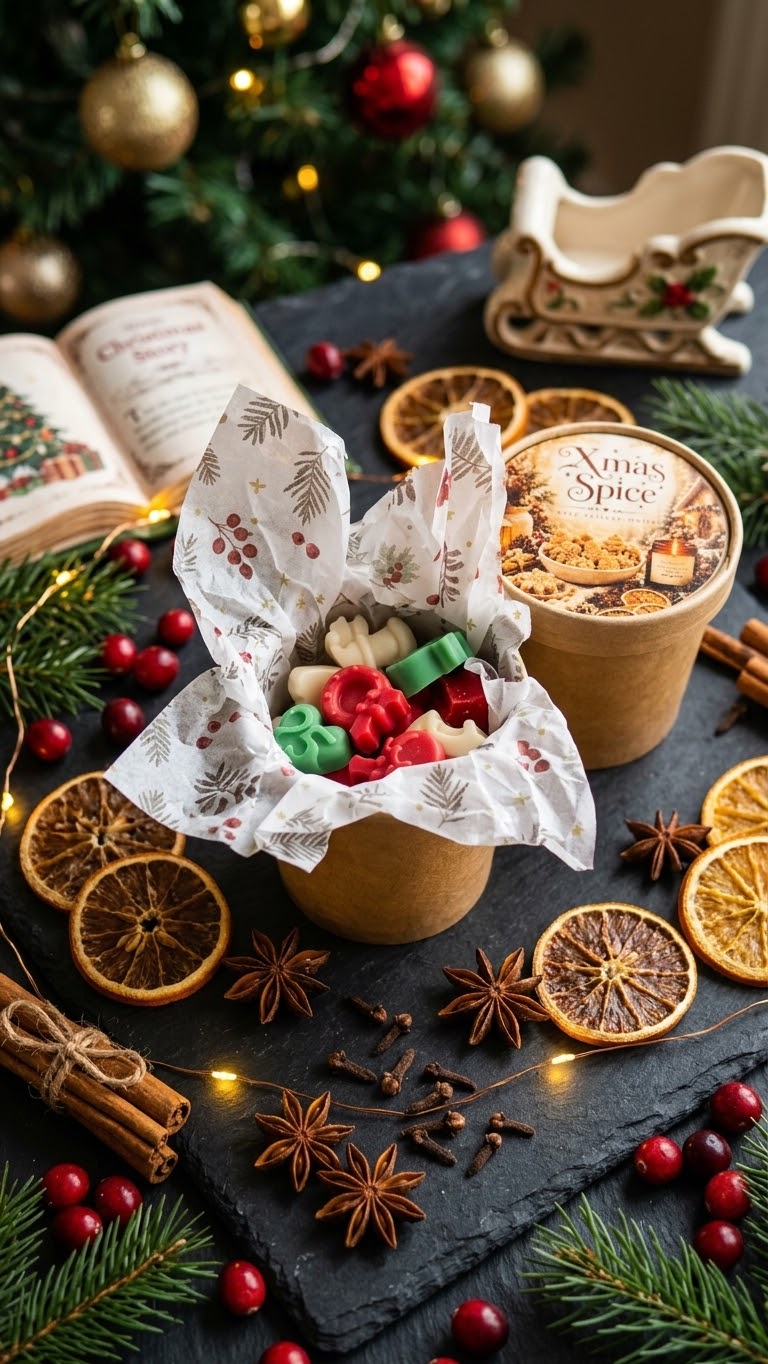 Xmas Spice waxmelts met een warme kruidige kerstgeur van zoete sinaasappel, kaneel, kruidnagel, nootmuskaat, vanille, amber en zachte houttonen