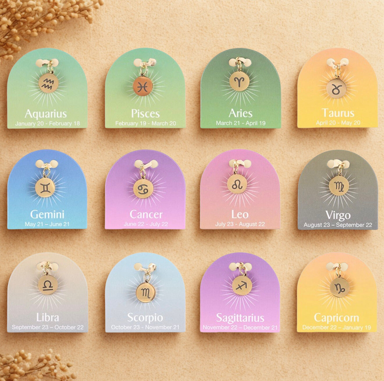Zodiac sign hanger van roestvrij staal in gouden finish – kies je sterrenbeeld