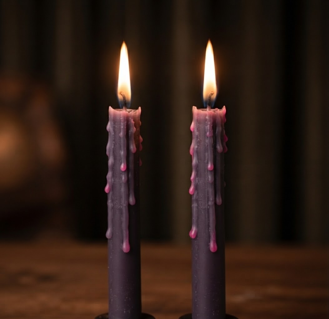 Close-up productfoto van twee brandende zwarte Halloween dinerkaarsen die tijdens het branden unieke roze wasdruppels afscheiden. Deze griezelige stafkaarsen met griezelige wasdrip zorgen voor een angstaanjagend mooie sfeer en zijn de ideale griezeldecoratie voor je griezelige Halloween interieur en themfeesten.