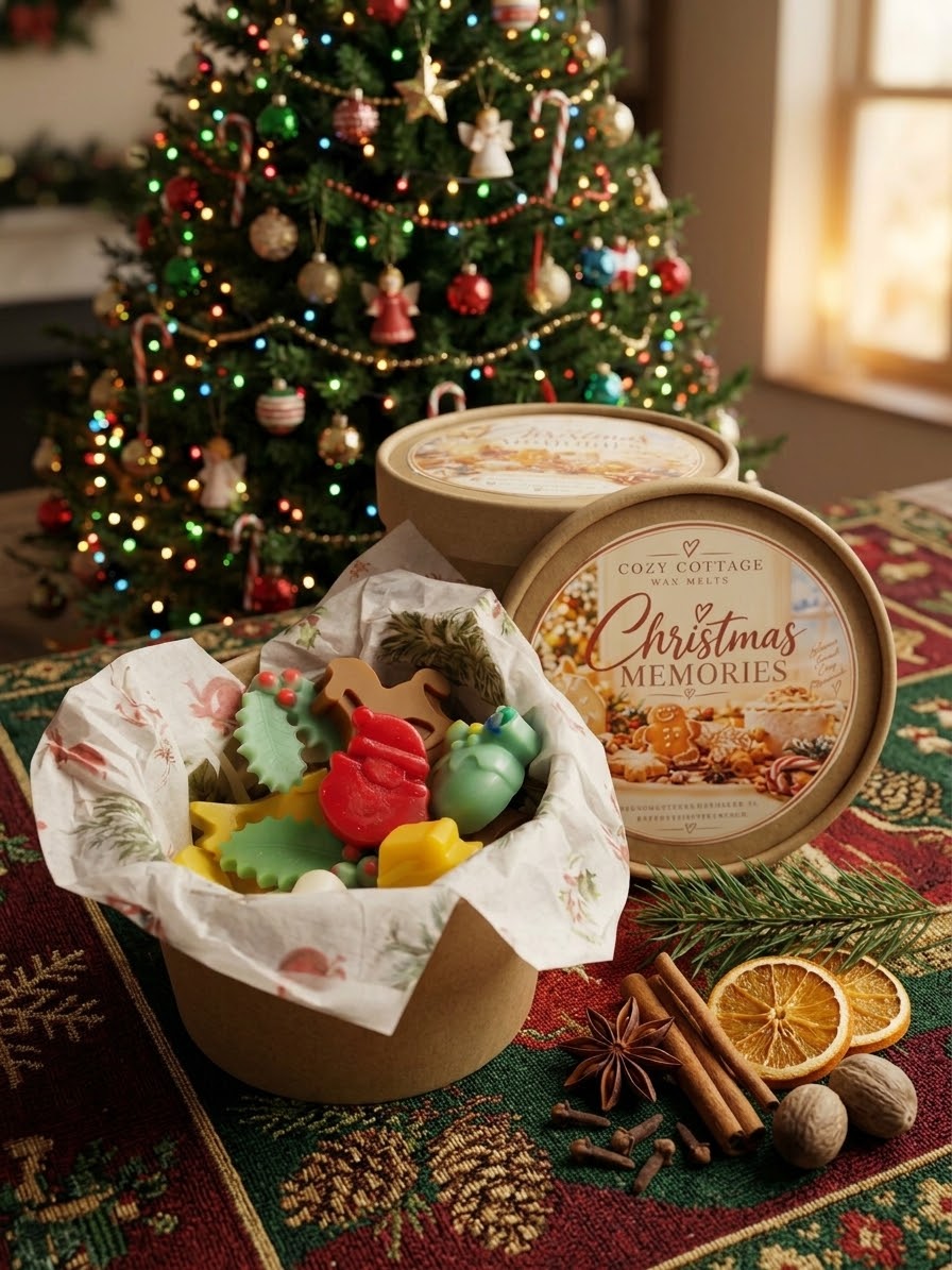 ⁠Cozy Cottage Christmas Memories wax melts in ronde kraft verpakking met kerstfiguurtjes en een sfeervolle kerstboom op de achtergrond⁠