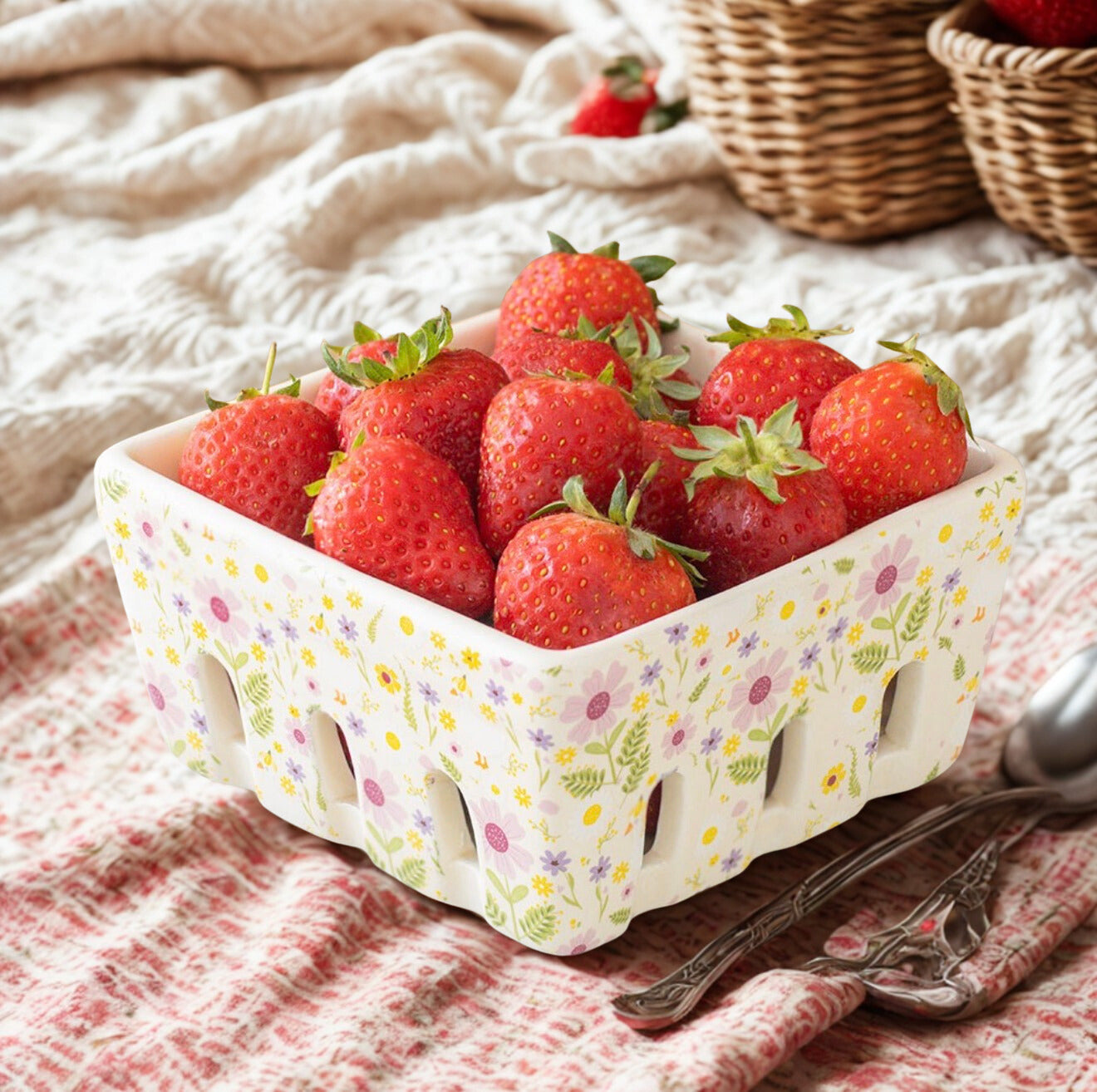 Een schattig keramieken fruitmandje met vrolijke eendjes en bloemenprint, gevuld met verse aardbeien. 