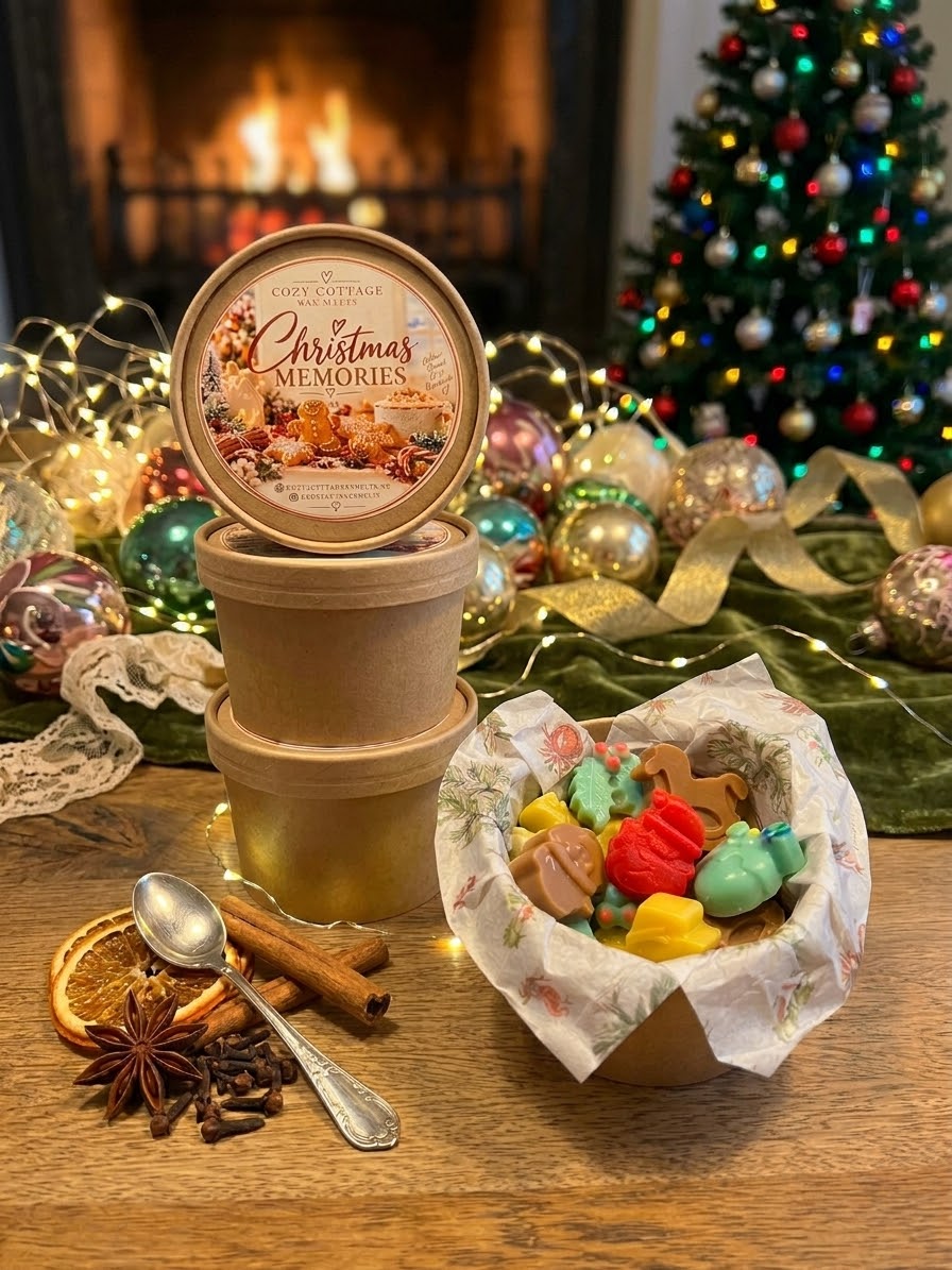⁠Ronde bakje Christmas Memories geurwas melts van Cozy Cottage omringd door kerstdecoratie, kerstboom en warme kerstverlichting⁠