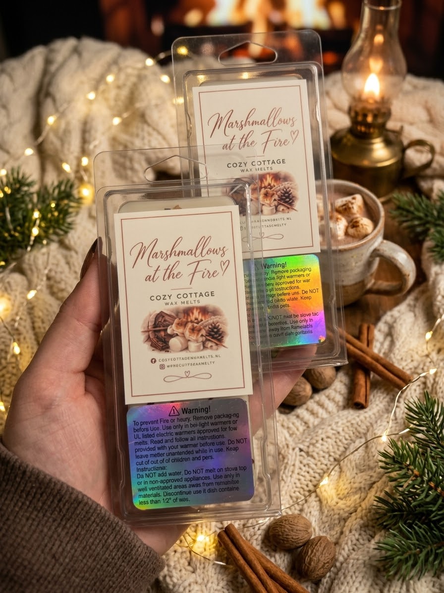 Een hand houdt twee 'Cozy Cottage Wax Melts' clamshells vast met de geur 'Marshmallows at the Fire', omgeven door een sfeervolle kerstsetting met een mok warme chocolademelk en een olielamp.⁠